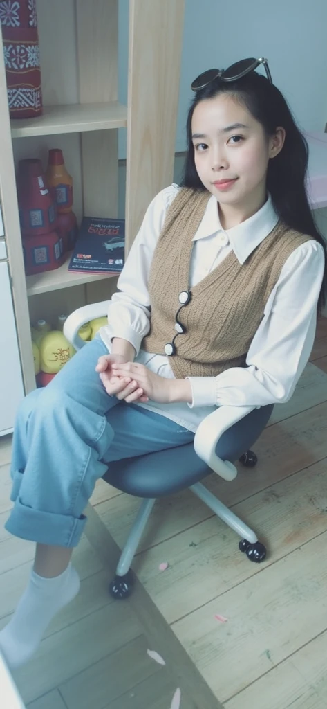 There is a little girl sitting on a blue chair in front of the table, The complete theme is shown in the figure, pupils, product introduction photos, studyng in bedroom, cute big breasts, product introduction photos, These children, jia, Bottom corner, Gamine, rendering, 8k, sit on chair, Stylized, change