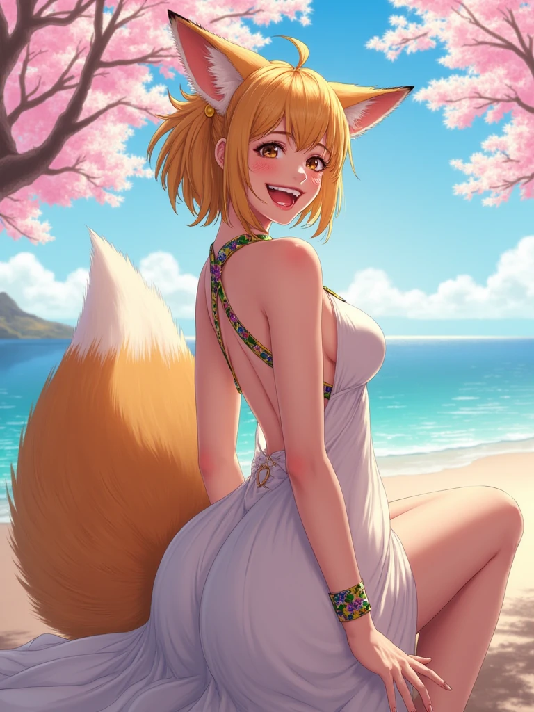 masterpiece, best quality, roxanne, dog ears, fluffy dog ears, collar, sundress, looking at viewer, garden, autumn, sunset, large breasts, ass, smile edgYSD, woman wearing a sundress, very voluminous very fluffy very long dog tail, dog tail starts immediately above butt, dog tail starts from skin, entire dog tail visible, short hair, bloomers, flushed skin, blushing face, red cheeks,  lewd smile, slightly open mouth, gravure, pinup, very long legs, no ears, open-back dress