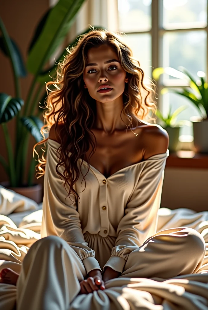 (photorealism:1.2), beautiful woman, sitting on bed, wearing loose off-shoulder top, pajama pants, long curly hair, indoors, soft lighting, plants in background, window with sunlight, cozy room, relaxed pose, realistic, intricate details, warm colors, by Greg Rutkowski, by Alphonse Mucha