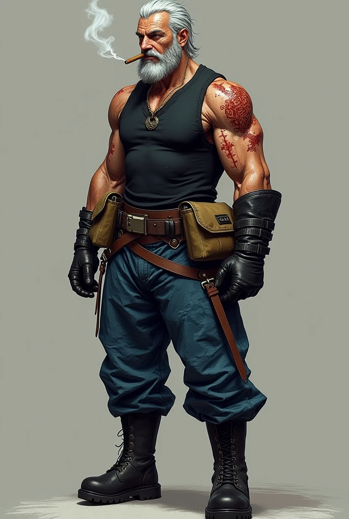 ((Ed Skrein)) como Jarek de Mortal Kombat, lutador musculoso e agressivo, ((cabelo muito curto e despenteado)), ((barba de cavanhaque)), ((colete marrom sem mangas rasgado)), cshoulder straps cargo, luvas sem dedos, botas, cintos, shoulder straps, cicatrizes no rosto, symbolic tattoos on arms, 1 homem, Sozinho, intrincado, Alto detalhe, sharp focus, dramatic, arte de pintura fotorrealista de Greg Rutkowski