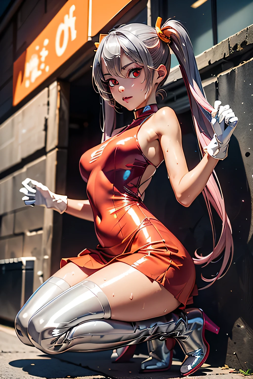 (Sexy Eyes) (Seductive Eyes) Detailed Cyberpunk Background: 1.1) Underground Street Style Background, (Clothes Wet with Water) (Completely Clear Plastic Top) (Red Slip Stockings, Red Stockings, Highlighter Stockings) Fleshy thighs tightened by red High gloss Slip Stockings, huge sagging breasts. (open neckline, transparent high-forked low-neckline cheongsam, revealing red high-gloss X-shaped bra under transparent tulle), outermost transparent gauze on body, painting, (best quality, 4k, Masterpiece: 1.4), Beautiful Woman, Surreal, 1 Girl, ((Facing the viewer, stroking the side of your chest with both hands)), (Sagging huge breasts, charming body: 1.8), Sit-ups: 1.1, Brunette : 1.8, (wet rain, wet body: 1.7), ultra-detailed face, detailed lips, detailed eyes, double eyelids, sexy low-necked dress, open neckline, hanging breasts, side pose, visible curves, pool party, poolside, transparent clothes, Muscle-turning legs
