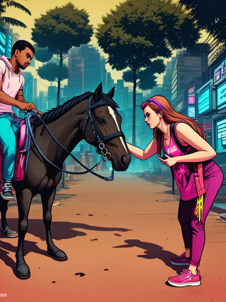 Horse-headed、A woman wearing a yellow school swimsuit with lots of horses on it rides a horse in a busy street at night in Taiwan, holding a Switch joy-con in each hand. comics