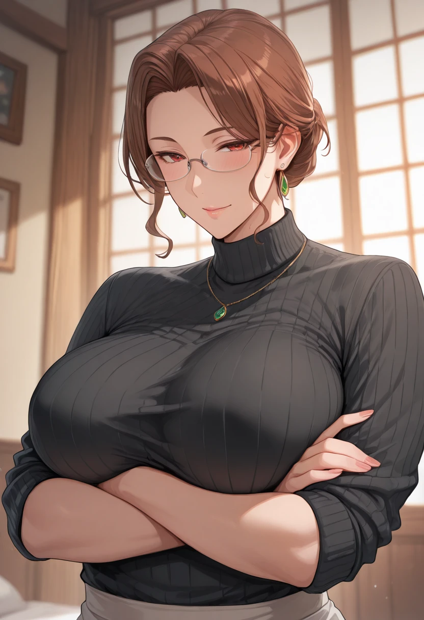pale adult woman, short brown hair, sleek hair bun, slick top knot, strict hairstyle, mature woman face, no hair on forehead wearing cat eye glasses, 50 years old, strict eyes, round face and chin, full cheeks, older milf, wearing a orange blouse with an exposed collarbone, open red cardigan over her blouse, black pencil skirt, milf body, full body shown