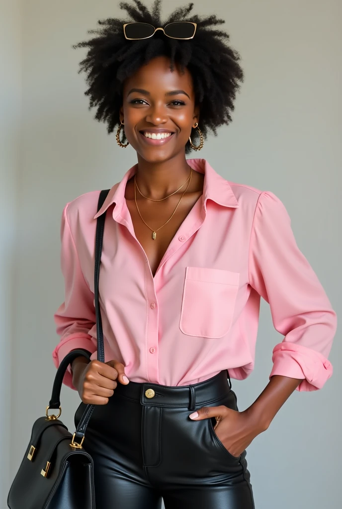 African beautiful lady wearing pink shirt and blue Jean, standing in a beautiful house balcony. Average body size 