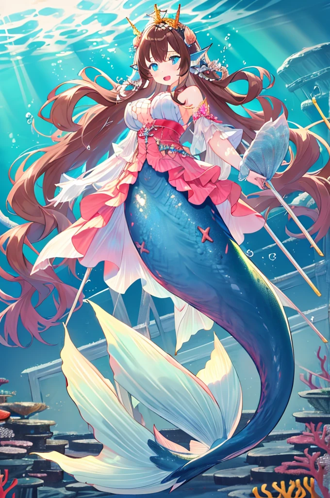 Pretty 15 years old princess magically transformed into a beautiful mermaid, race swap, none human, steampunk, fish like, long mermaid tail below waistline, fins ears, shimmering red fish scales, drawn in anime style, very long pigtails red hair, sharp teeth, is smiling, pink eyes, small breast, long pelvic and dorsal fins, pair of fish gills on the torso, seashells bra, starfish hair clips, pearl earrings and bracelets, pearl necklace, hair ribbons, gold tiara, ocean depths, swimming underwater, Highly detailed, 4K.