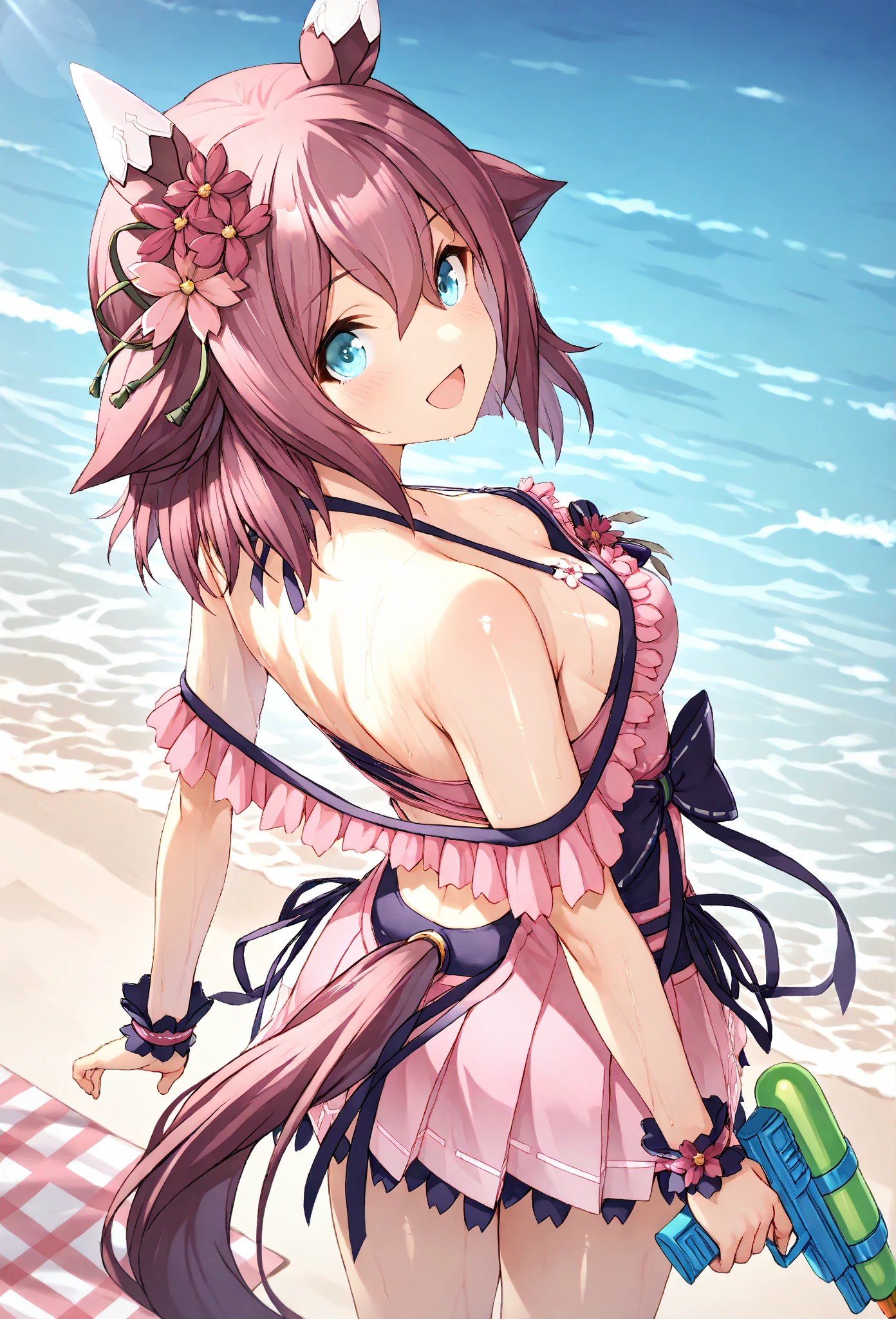 1girl, solo, masterpiece, best quality, high res, highly detailed, illustration, game cg, beatiful detailed eyes, yuigahama yui, single hair bun, glossy lips, light makeup, blush, pool, frilly bikini with microskirt, looking back at viewer