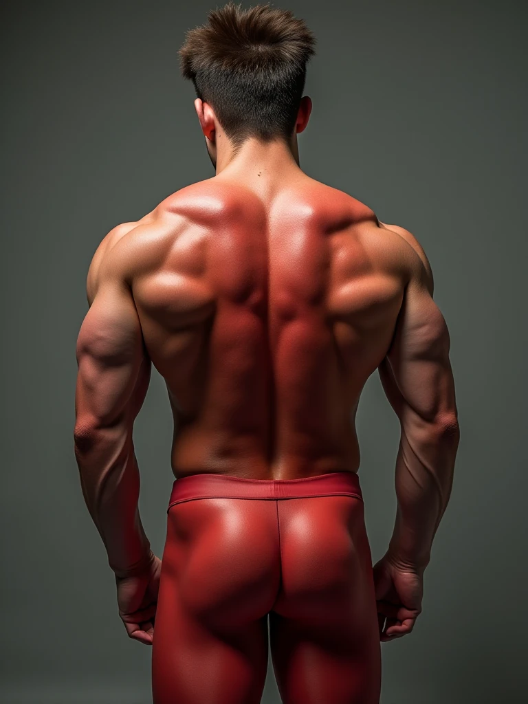 a huge muscular naked Scottish man with a tiny waist, bodybuilder wearing a red thong, with an outrageous red mohican haircut, standing side view at a 90 degree angle to the viewer, with hands clasped behind his back, head turned towards the viewer, full body image, seen from a low angle
