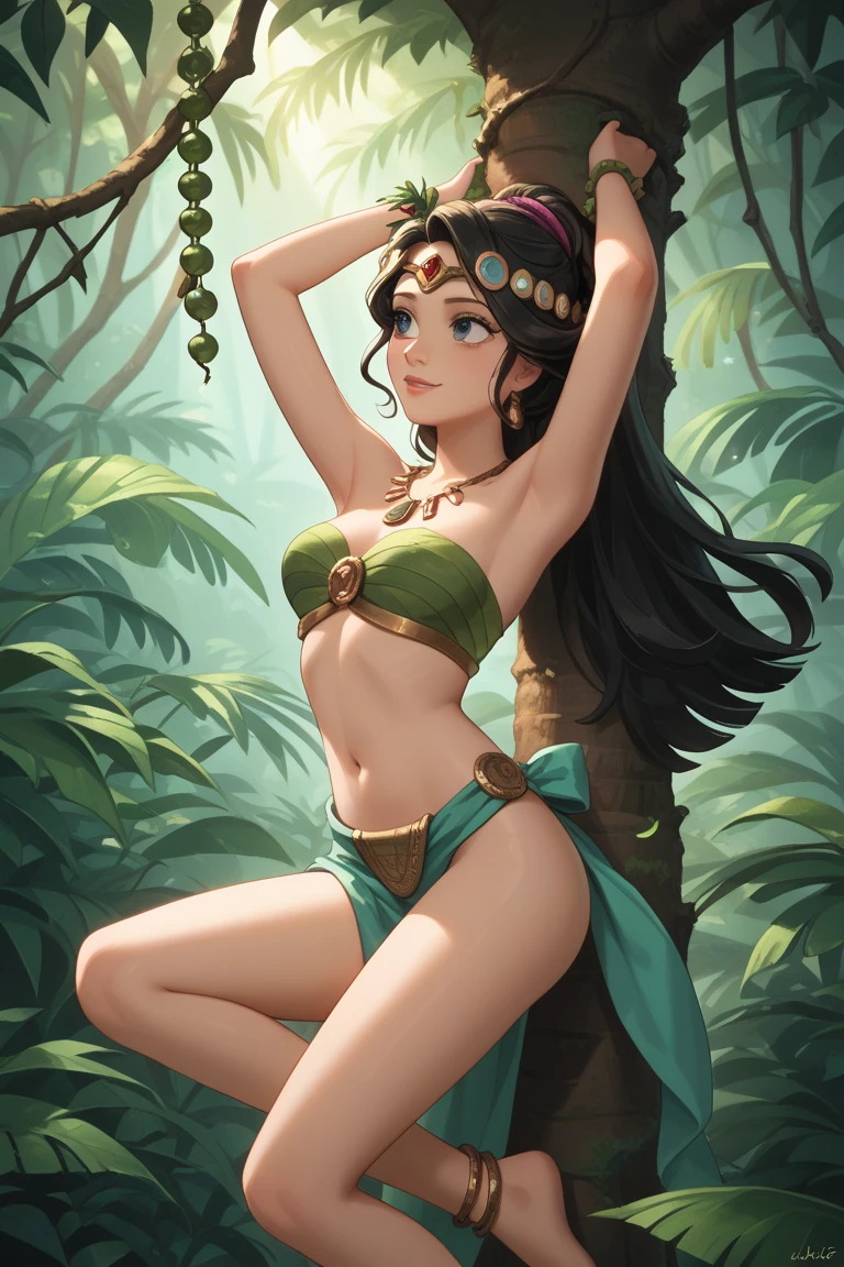 (SFW)Garota das selvas, loura de longos e ondulados cabelos, olhos selvagens, middlebreasts, cintura delgada, on top of a tree,roupa primitiva feita de pele de leopardo,sensual