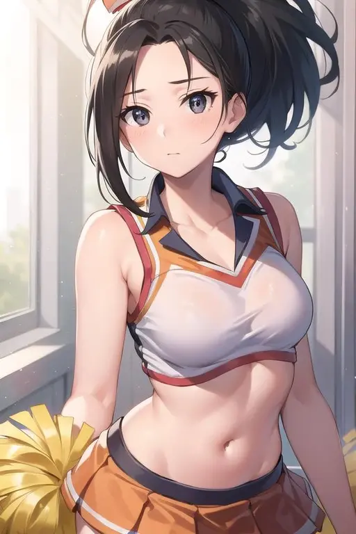 ((Masterpiece)), perfect anatomy, perfect shading, field of depth, (best quality), extremely delicate and beautiful, perfect lighting, detailed face, ultra cute face, cute, (cowboy shot 1.2), from behind, looking at viewer, full body, (((1girl))), (((solo))), cheerleader
medium hair, fluffy hair, black hair, brown eyes, ((blush))), (cheerleader uniform), (white tank top 1.2), (short section red skirt 1.2), thigh highs, chocker, extremely tight clothes, small breasts, cleavage, perky breasts, (wide hips), (((thick thighs))), (fat thighs), (((big butt)))
School gym, intricate background, detailed background, sweaty, out of breath,