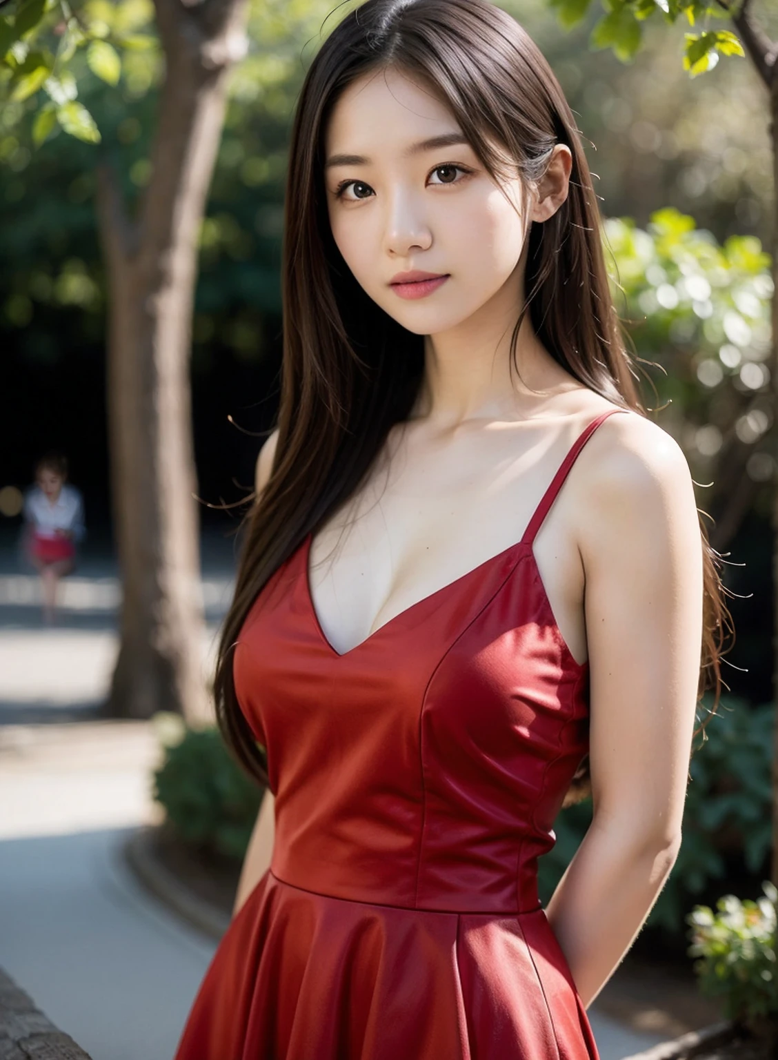 (8K high image quality), (top-quality), (RAW image quality),(masterpiece:1.2), (Realistic), (Photorealistic:1.37), Exquisite, (Live-action realistic style), The Ultimate Face, Photorealistic light and shadow, Clear facial features, milky skin, Fair skin, high detail skin, Realistic skin details, Visible Pore, (Super Detail), (Hair length is random), (Flowing hair), Best portraits, Shot from a short distance, Only one girl, Cute, Beautiful detailed eyes, beautiful detailed nose, highly detailed skin, (Beautiful face with double eyelids), (Realism: 1.4), excellent details, Ultra-high resolution, delicate and beautiful face, 28-years old, (Beautiful Face 1.4), A slender, ((Wear a wide variety of red short dress:1.2)), ((In a flower park rich in nature)), Natural smile, (Looks fun), Longhair, red lipsticks, beautiful legs, ((Sit in front of the audience)), ((Smile at your audience)), Very attractive smile, ((Sit on knee upright)), It is a very simple dress,