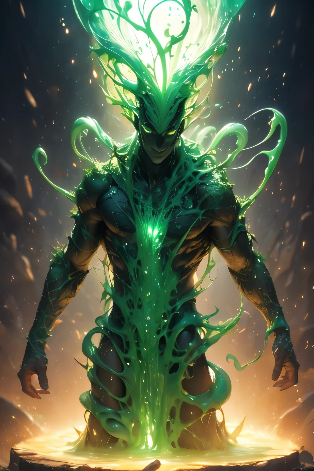 Treant Ooze is an imposing and intriguing fusion of elements (homem)( tree ) e slime, , resulting in a creature with a striking and multifaceted presence. Its main shape resembles a (treeant colossal,) approximately 7 meters high, highlighted by humanoid features of stunning masculine beauty.
**Physical characteristics:**
- **Corpo:**wooden human, with slime The body structure is composed of a harmonious combination of a rusty tree and translucent gelatinous substance. Wood forms the structural base (humanoid body), while the slime fills the internal spaces, giving flexibility and a moist glow to the overall appearance.
- **Rosto:** The face shows incredibly beautiful human features, with deep eyes that emanate a soft and hypnotic light. the expression is serene, but carries an aura of mystery and power.
- **Membros:** The arms and back stretch vines and tentacles of different types:
- **Basic Tentacles:** Six versatile appendices that aid in diverse manipulations.
- **Specialized tentacles:** Nine tentacles with specific functions:
- Two with protuberances for tactile stimulation.
- Two with suction cups for suction and adherence.
- Three with injectors for administering substances.
- Two suckers designed to drain mana from targets.
- **Texture and Color:** The wood skin is intertwined with the viscous substance, creating a visual fusion effect between the organic and the liquid. The color varies between earthy and deep green tones, with areas where slime adds a translucent greenish glow.
**Presence and Aura:**
The combination of its monumental stature, aesthetically pleasing traits and the unique fusion of materials gives Treant Ooze a presence that is both majestic and unsettling. Its moist touch and the constant movement of tentacles and vines have a sense of vitality and latent power, evoking reactions of fascination and fear in equal measure.