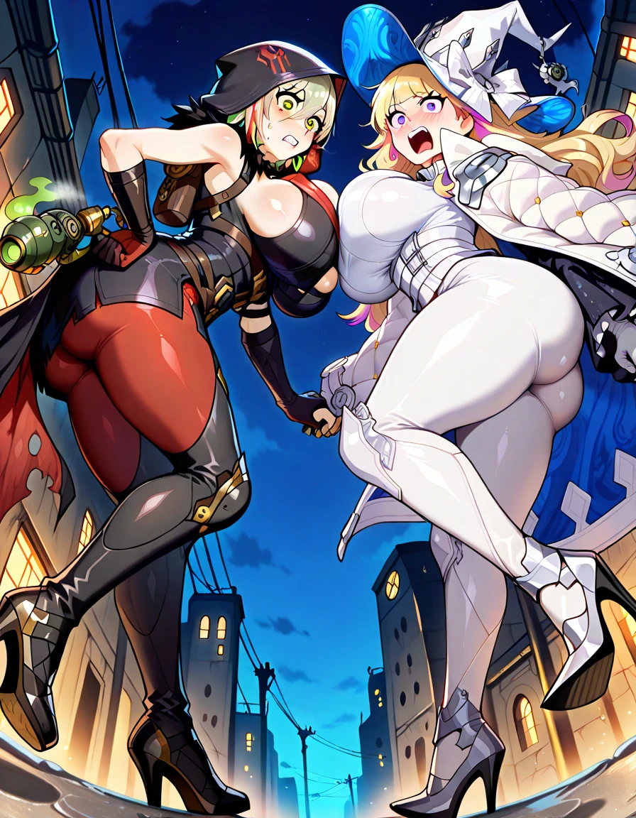 um desenho de anime de uma garota sexy com roupas pretas e laranja, armadura feminina, arm extended with elbow joint pointing upwards, 1 garota, seios, luvas, Sozinho, large seios, olhando para o espectador, sorriso, black luvas, Cabelo longo, Cabelo prateado, pele roxa, Yelow olhos, four arms