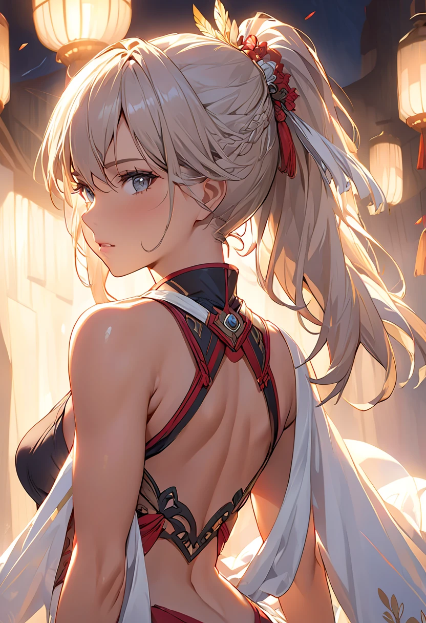 (best quality)), ((Masterpiece)), (details:1.4), 3d, HDR (high dynamic range), an image of a beautiful cyberpunk female, Blonde hair, High Ponytails, Sleek Style, Red eyes, hips up, จมูกโด่ง, ปากแดง, หน้าอกใหญ่, nvidia RTX, PBR surface, After processing, Anisotropic filtration,depth of field, Maximum clarity and clarity, multi-layered surface, Subsurface scattering, perfect proportions, 8K raw files, ultra detailed, Perfect proportions, volumetric lighting, soft lighting, , future police, glossy skin, intricate silver embroidery, gorgeous, intricate grey background, strong back lighting, jewely, ต่างหู, นิ้วมือสมบูรณ์, กระโปรงสั้น
