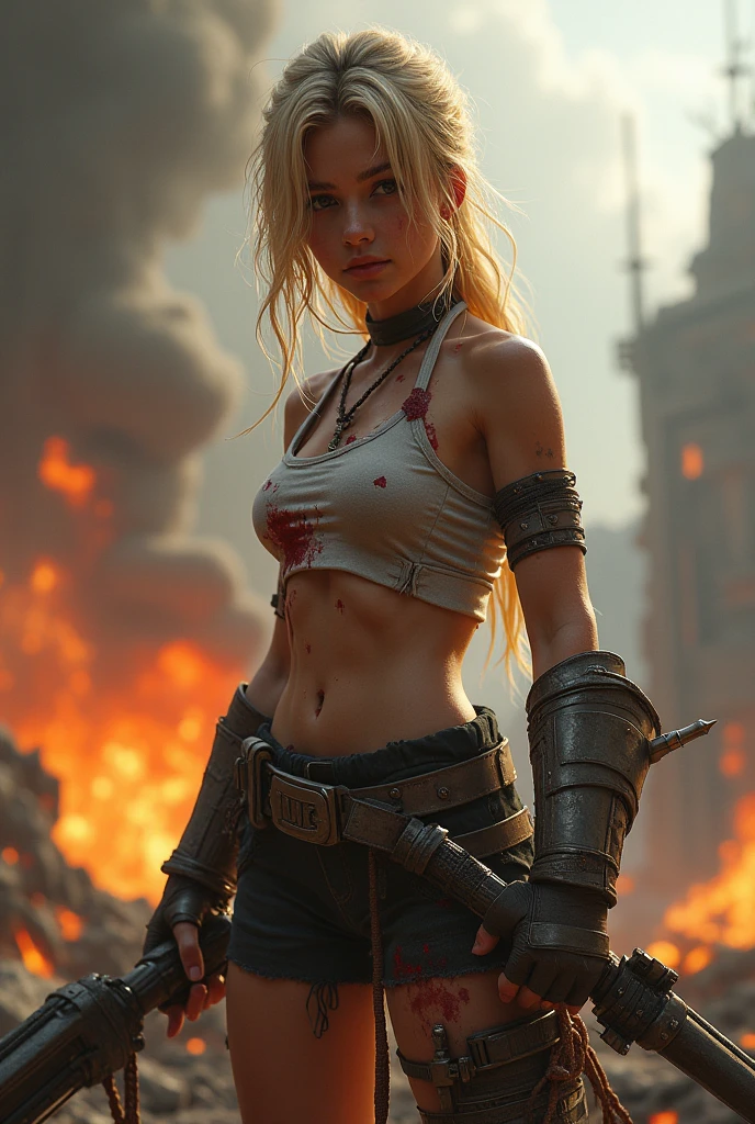 female warrior in battle stance, realistic skin and hair textures, dynamic and exaggerated background, vibrant color palette, realistic lighting and shadows, complex outfit with intricate details, glowing particles and sparks, immersive and dramatic scene beige hair, yellow eyes, low twintails, dirty undershirt, collared open jacket, belt, cargo pants, large breasts, long bangs, covered eyes, amulet, arm tattoo, shoulder holster, sweat, shiny skin. (maximum ultra high definition image quality and rendering:3), maximum image detail, maximum realistic render, (((ultra realist style))), realist side lighting, , 8K high definition, realist soft lighting, (amazing special effect:3.5) mythp0rt