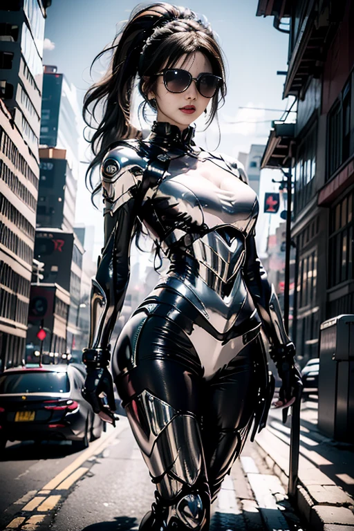 (RAW photo, highest quality, masterpiece: 1.2), (realistic, photorealistic: 1.4), (masterpiece: 1.4), (highest quality: 1.4), (Super detailed), ((high contrast)), (high color saturation), (fine and beautiful eyes), ((very delicate and beautiful)), (nice hands, perfect hands), (Mechanical cyber city in the background), 1 girl, alone, bangs, asymmetrical bangs, Beautiful and delicate glass hair, blush, body suit, black gloves, chest, bunny pose, write clothes, covered navel, cowboy shot, outdoors, hair intake, impossible body suit, impossible clothes, big breasts, latex, latex body suit, long hair, long sleeve, watch viewer, big, Black leather bikini, cyber suit, green eyes, shiny clothes, shrug, side lock, firm skin, cleavage, Stomach, thighsの隙間, thighs, twin tails,gray hair, (shiny skin), realistic, cybernetic_Lack of chin, mechanical parts, cybernetic, urban samurai_v0.3, AB_robot, robot, Mecha wear