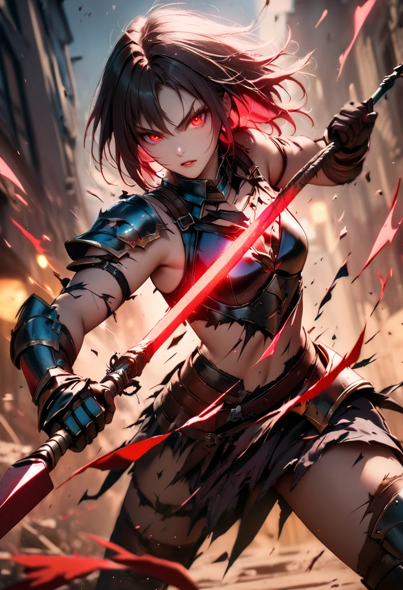 girl, rotting zombie warrior, evil look, sexi, wielding a spear, demonic armor, facepaint, bodypaint, red glowing eyes, combat stance, vibrant appearance, creative behavior, imaginative, sensual, spontaneous, highest quality, skin texture, intricate details, (cinematic lighting), RAW photo, 8k