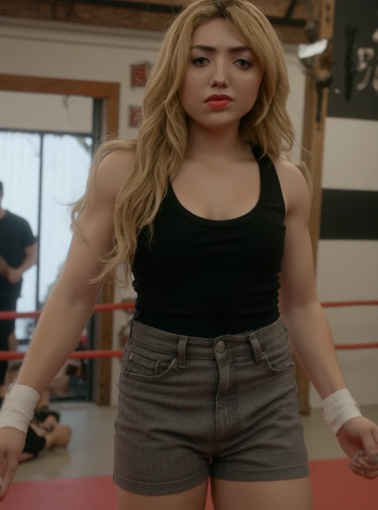 Chubby Italian girl with blonde hair wearing brown boots, shorts jeans azuis, pink tank top and brown half-finger gloves posing as a fighter in a fighting arena