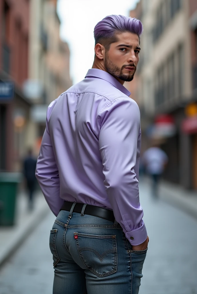 ((Men only)), (back view), (Tanned handsome muscular man in his 20s in pink cardigan), (pink short hair), (Chris Redfield), Mischievous smile, (detaile: 1 in 1), Natural muscles, HIG quality, beautidful eyes, (Detailed face and eyes), (Face、: 1 / 2), Noise, Real Photographics、... ............................................................................PSD, Sharp Focus, High resolution 8K, realisitic & Professional Photography, 8K UHD, Soft lighting, High quality, Film grain, FujifilmXT3