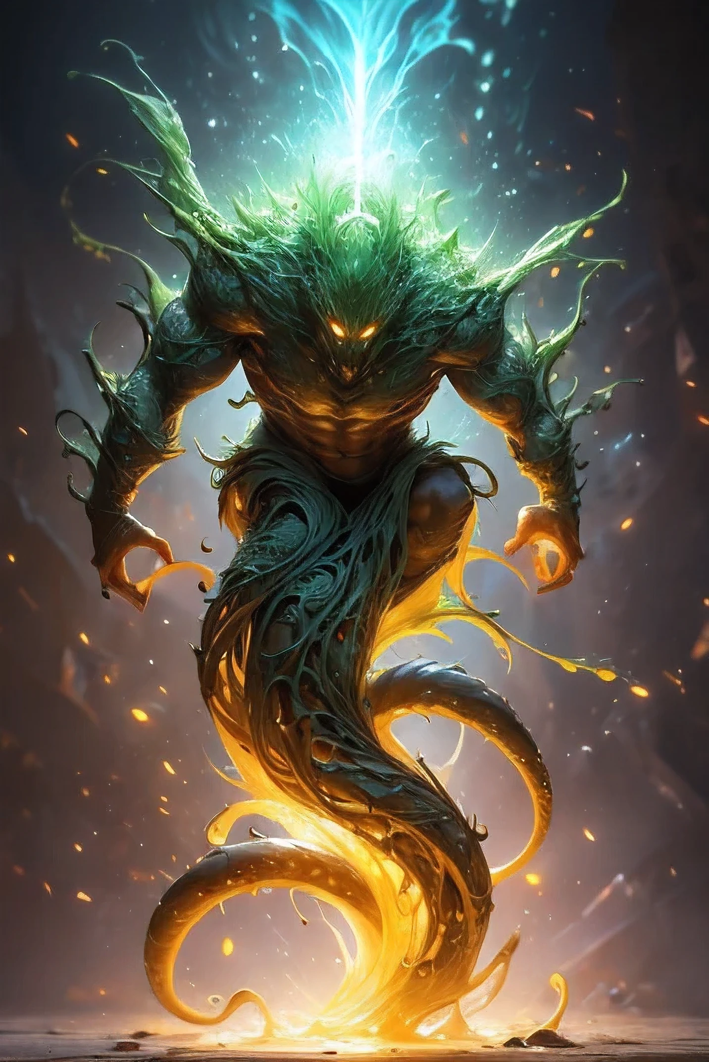 Treant Ooze is an imposing and intriguing fusion of elements (homem)( tree ) e slime, , resulting in a creature with a striking and multifaceted presence. Its main shape resembles a (treeant colossal,) approximately 7 meters high, highlighted by humanoid features of stunning masculine beauty.
**Physical characteristics:**
- **Corpo:**wooden human, with slime The body structure is composed of a harmonious combination of a rusty tree and translucent gelatinous substance. Wood forms the structural base (humanoid body), while the slime fills the internal spaces, giving flexibility and a moist glow to the overall appearance.
- **Rosto:** The face shows incredibly beautiful human features, with deep eyes that emanate a soft and hypnotic light. the expression is serene, but carries an aura of mystery and power.
- **Membros:** The arms and back stretch vines and tentacles of different types:
- **Basic Tentacles:** Six versatile appendices that aid in diverse manipulations.
- **Specialized tentacles:** Nine tentacles with specific functions:
- Two with protuberances for tactile stimulation.
- Two with suction cups for suction and adherence.
- Three with injectors for administering substances.
- Two suckers designed to drain mana from targets.
- **Texture and Color:** The wood skin is intertwined with the viscous substance, creating a visual fusion effect between the organic and the liquid. The color varies between earthy and deep green tones, with areas where slime adds a translucent greenish glow.
**Presence and Aura:**
The combination of its monumental stature, aesthetically pleasing traits and the unique fusion of materials gives Treant Ooze a presence that is both majestic and unsettling. Its moist touch and the constant movement of tentacles and vines have a sense of vitality and latent power, evoking reactions of fascination and fear in equal measure.