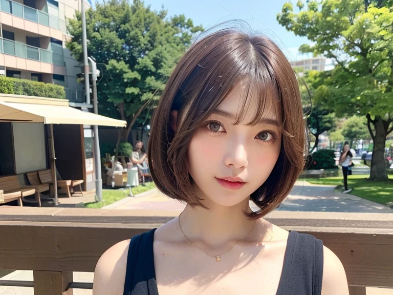 (((Definitely shoulder length, short, Straight Brown Bob)))、(((In her background is a summer park、Pose like a model at the beauty salon.)))、(((Random and cute street fashion)))、Face close-up、Half Japan, Half Korean、18-year-old girl、Independent、I'looking forward to it、Light eye makeup、Brown Hair Color、flat 、Hair blowing in the wind、Quality of actress、Shiny, Ultra-realistic faces、smile、Watery eye、look up、Subtle lighting effects、 Ultra-Realistic Capture、Very detailed、High resolution 16k human skin closeup。Skin texture must be natural、The detail must be such that the pores are clearly visible...、skin is healthy、Even Tone、Use natural light and color、High quality images taken by modeling agencies'Exclusive photographer、smile