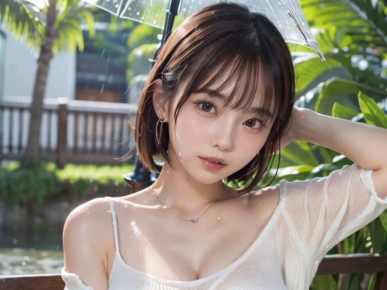 Mix 4, (8k, Live Shooting, Highest quality, masterpiece: 1.2), (Real, Photorealistic: 1.37), One Cute, night, rain, Wetty, Professional Lighting, Photon Mapping, Radio City, Physically Based Rendering, Gradient black hair, Gray Hair, Short Curly Hair, good looking, Highest quality写真, High resolution, 1080P, (Clear Face), (Detailed face description), (Detailed hand description), (masterpiece), (Exquisite CG)、Extreme light and shadow、Disheveled Hair、Masterwork、Rich details、(Fine facial features)、(Highest qualityの写真)、(Masterpiece)、(Detailed eyes)、Look in front of you、Detailed clavicle、((Mid-breasted))、Nipple erection、Sexy、Lady、Clear、No shine on clothes、rainのなか、outside、Large umbrellaをさしている、rainで服が濡れている、rainで髪の毛が濡れている、My clothes are wet and transparent、Large umbrella、