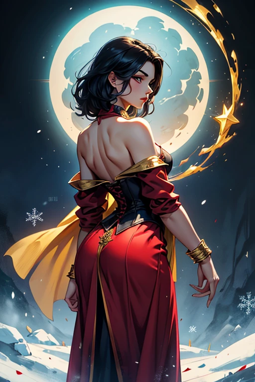 Portrait. During the dark night, the scene unfolds atop one of the varied mountains of Wakanda. The night is exceedingly dark, with the only sources of illumination on the lush vegetation being the stars, the moon, and native insects resembling fireflies but glowing in a range of striking colors. At the center of the scene stands a black young woman with a slim yet athletic build. Her most striking features are her dark skin and bright brown eyes, while her face and body are dotted with freckles, adding a touch of innocence to her appearance. She seems to be savoring the night and the view, her posture one of unexpected surprise as she stands with her back to us, slightly leaning and looking over her shoulder.