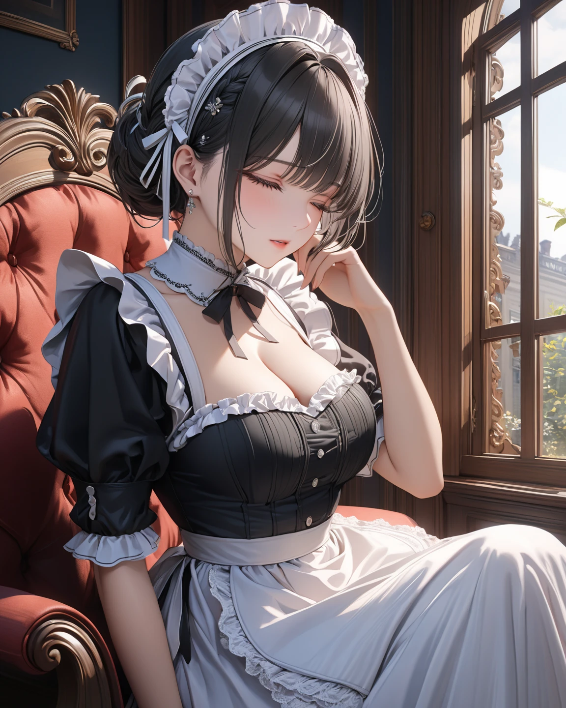 girl, maid, very sexy, (boot:1.3), (chest:1.3), light skin, realistic skin, occasional moles, looking at viewer, standing embarrassed, shoulder-length hair, dark hair, castle yard in the background, detailed face, detailed hands, detailed legs, detailed fingers, detailed hair, detailed eyes, detailed skin, dynamic lighting, 8k uhd, (photo realistic), (photorealistic:1.4), (hyper realistic), from above, (masterpiece), (best quality)