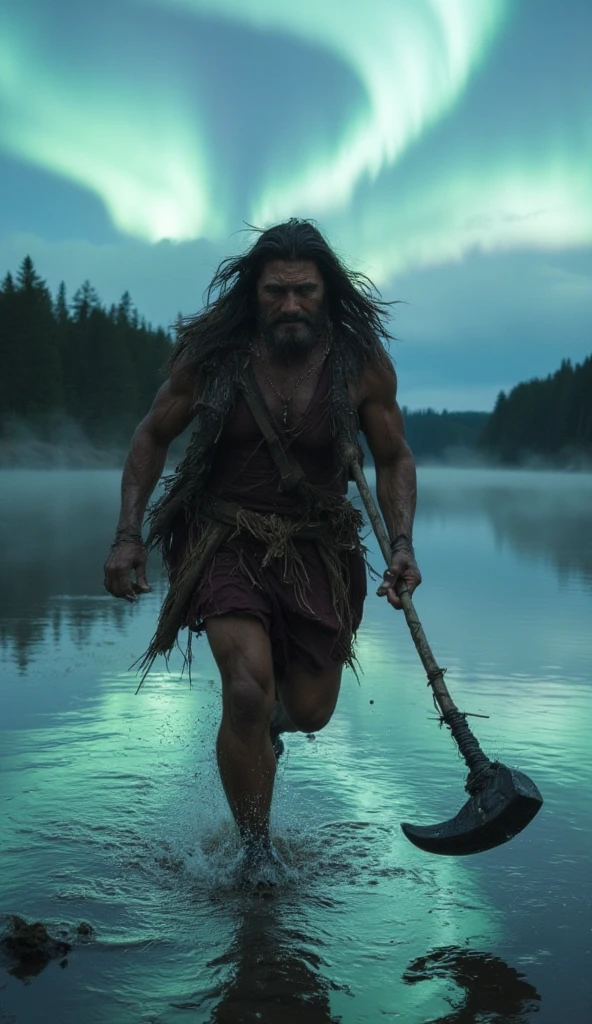 Historical, primitive, a caveman, (Neanderthal man), tall, very muscular, hairy, dark stubble, thick arms, thick legs, rounded pecs, big arms, veiny arms, dumb looking face, shirtless, wearing loincloth, dark brown skin, hdr, photorealistic, on all fours, hunting in a forest.