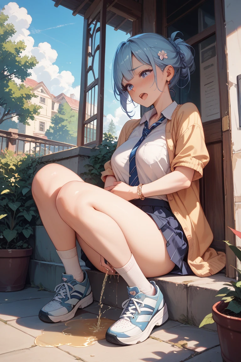 masterpiece:1.3、ultra high resolution:1.3、Beautiful woman、alone、G cup、ponytail、beautiful silver hair、sexual excitement、erotic、blush、real moist skin、Stuffy、wet、cute、fashion、,(white cheerleader outfit, white cheerleader uniform, crop top, miniskirt, white loose socks, sneakers), Haori:1.3、outdoor、machine、summer、hand、feet、shoes