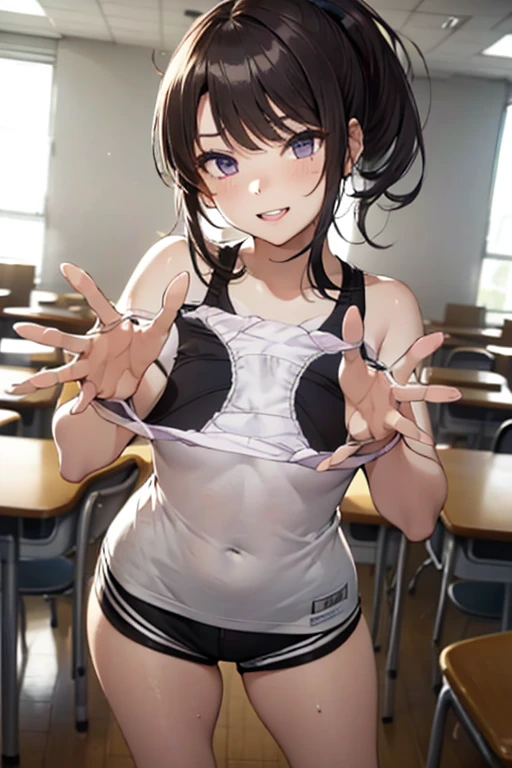 (throw_hand, pink vibrator remote switch in throw_hand, throw:1.2), highest quality, Super detailed, masterpiece, Ultra-high resolution, 8k, Ridiculous, Cowboy Shooting, Blurred, One girl, Focus on the girl, Embarrassing, blush, Lovely, Close one eye, With tears in her eyes and her mouth open, What saliva leaves behind, Wet skirt hem, (Sticky panties:1.1), Bulging of the vibrator cord, Vibrator with Garters, (cleavage), Classroom Background, (Tifa Lockhart:1.2), The skirt is accidentally exposed,(medium breasts), Accidentally exposed panties