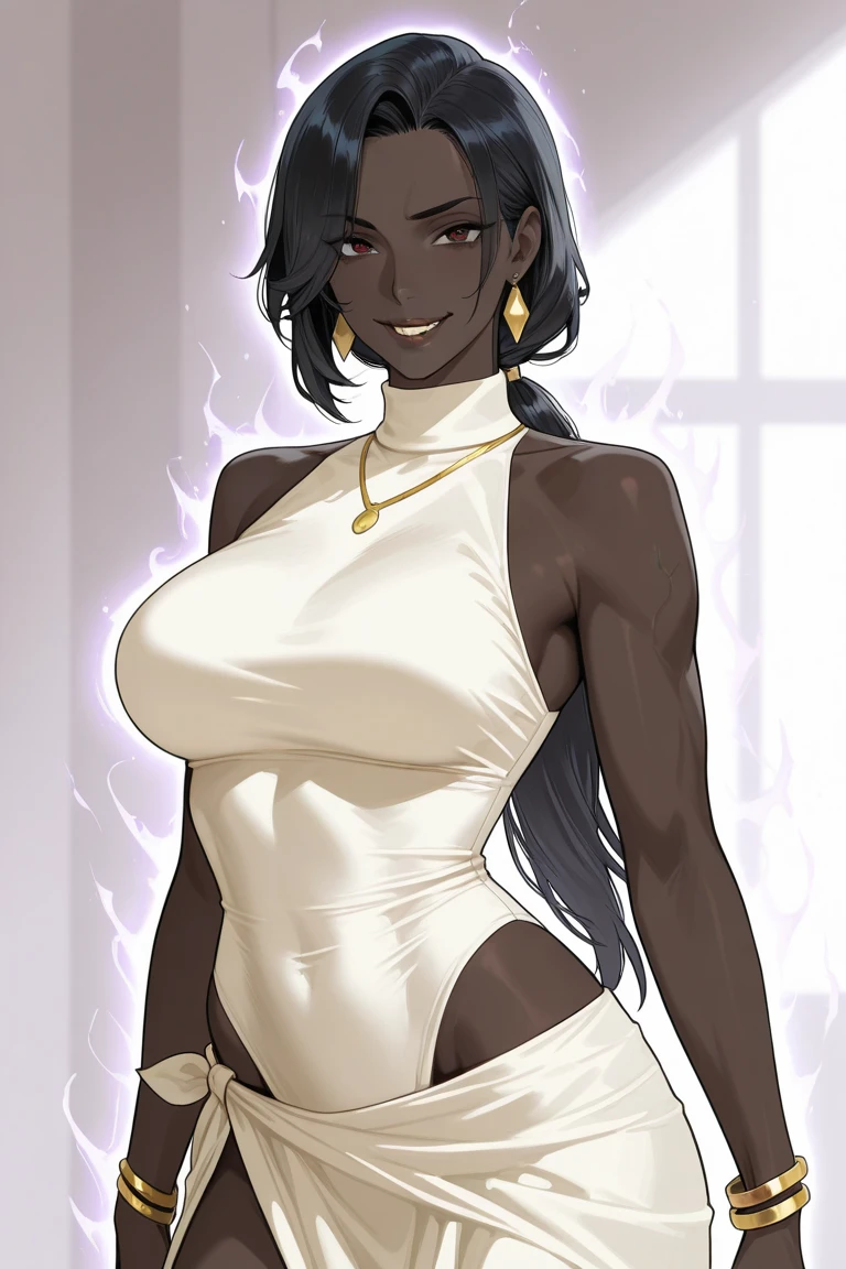 muscular ebony skinned blake belladonna with large breasts in a martial artist combat pose while being in a forest, animal ears, ((very dark-skinned belladonna:1.2)), halterneck, with long black hair and cat ears, female, bangs, (yellow eyes:1.3), saiyaness, saiyan, ((monkey tail for belladonna)), monkey tail wrapped around waist, wearing white jacket, open clothes, exposed midriff, midriff, wearing a pair of ripped white shorts with black leggings, soft lineart, cowboy shot.