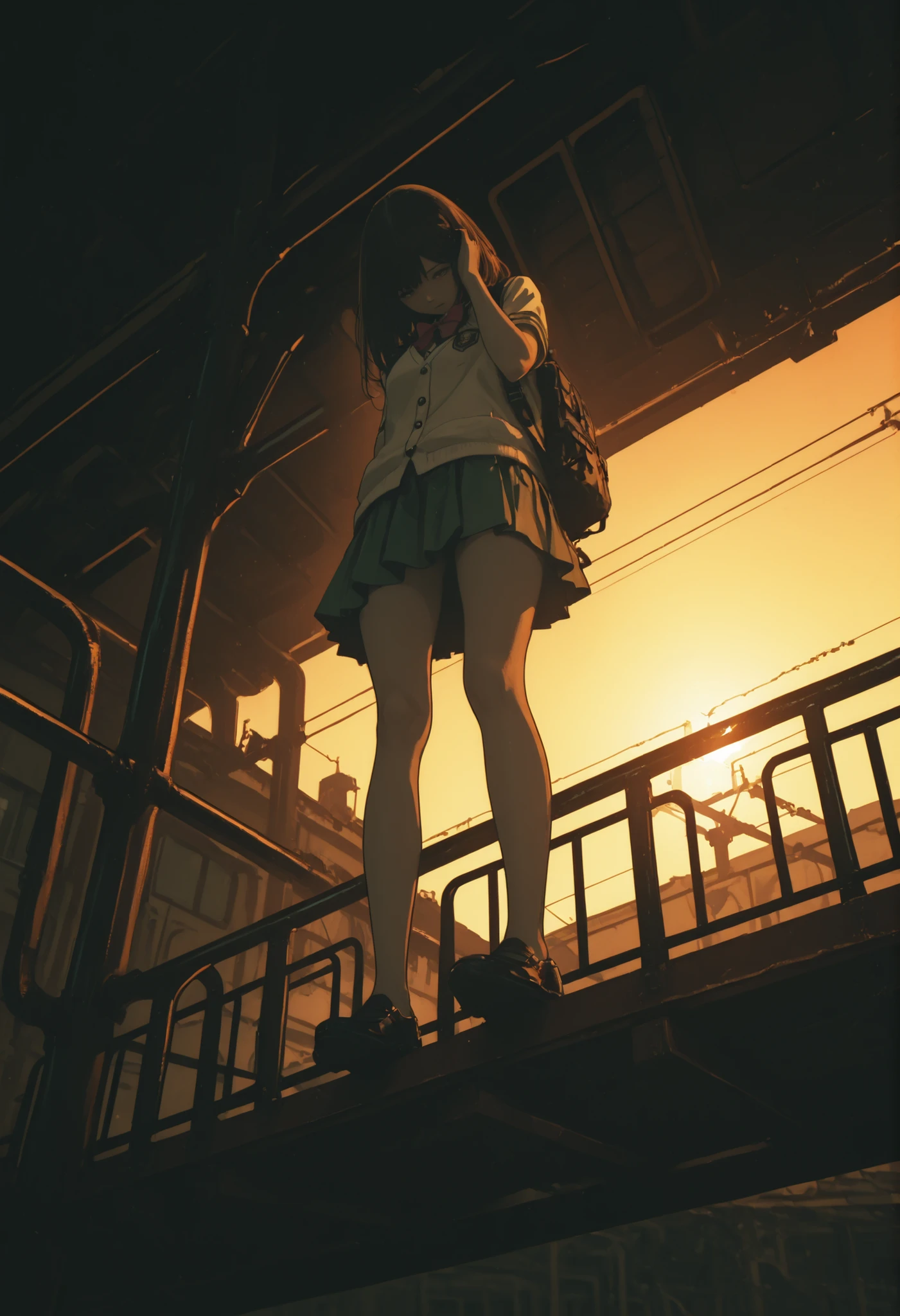 A girl standing in balance on a metal railing ,feet on the railing,Floating legs,handrail under the legs,legs in balance,from below,school uniform, looking down,great height,Hand making the V and the other gesture on his face,full body,cables and backlight poles, rural town, sunset