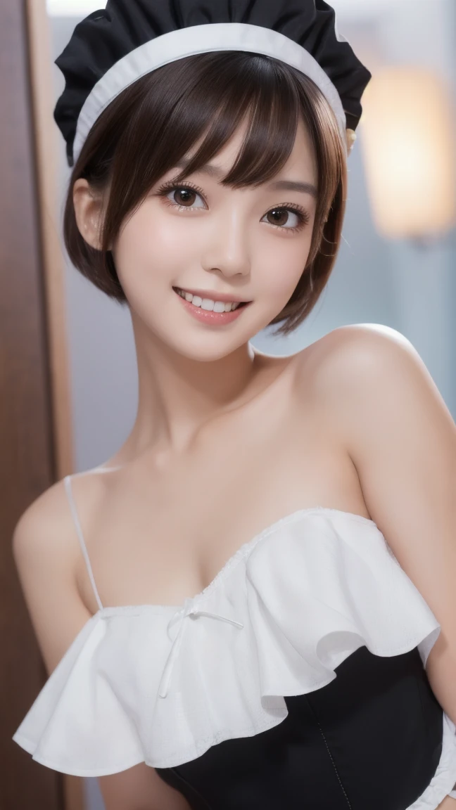 masterpiece,Highest quality,Adult 1 girl,Super detailed,Improve skin quality, Increase eye appeal,Ultra-high resolution,Very delicate,super high quality,Detailed face,Beautiful Eyes,Super short hair,Beautiful nose,Bowl Cut Hair,Hang hair on your ears,Deep valley,Beaming Smil, from side,(Large Breasts),put together,smile,bed,pajamas,On all fours