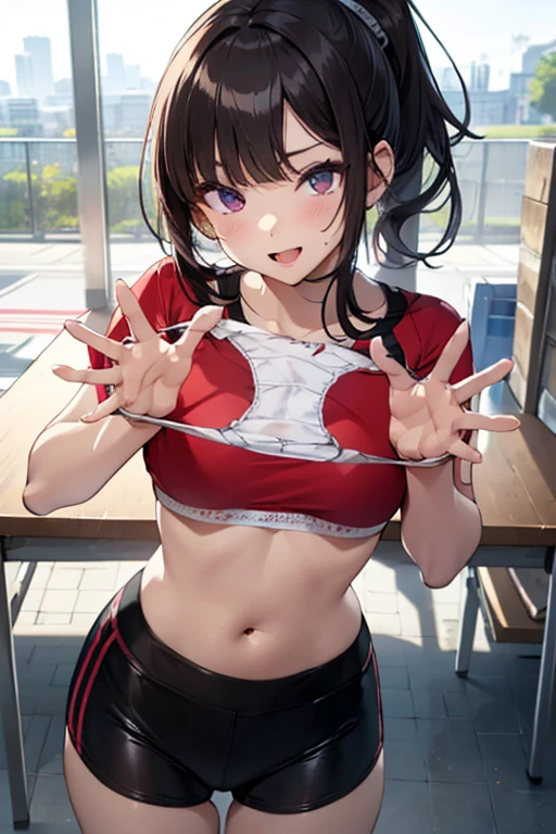 Human Woman、Serious expression、Underground Fighting Arena、Martial Arts Ring、Dark brown ponytail、Fighter、Uplifting、Shorts、Colorful fighting costume、Fighting Pose、Perfect hands、Perfect Fingers