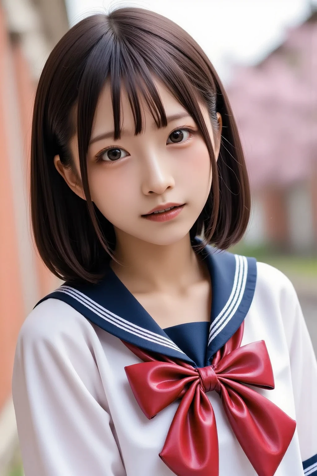 quality,Photo quality,ultra high resolution,professional lighting,,beautiful actress,thin face,Healthy complexion,Japanese,black hair,(short bangs),medium hair,cute hairstyle,(Japanese high school sailor suit:1.1),small breasts,natural makeup,navel,short sleeve,thin waist,