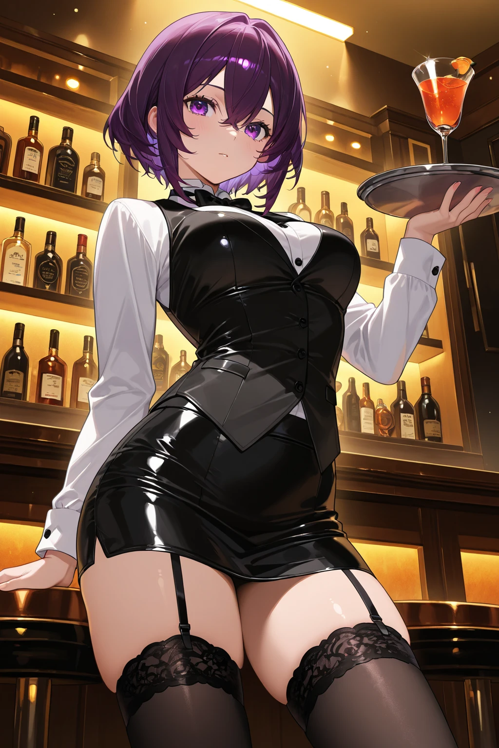 masterpiece,Highest quality,High resolution,Super detailed,Anodoka,One girl,Iris,Purple Hair,short hair,Ahoge,Hair on one eye,Bunny ears,Playboy Bunny,casino,Holding Tray,Embarrassing,blush,Are standing,