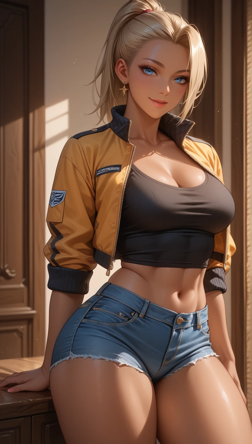 Nordic girl, white skin, medium-short height, medium orange hair, with unruly bangs. Lively and expressive blue eyes. She was wearing torn shorts, a shirt with a striking gold zipper. high heels most beautiful woman in the world, busty. Big hip. Comic style. Marvel comics style