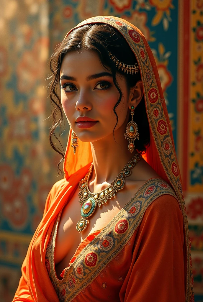 Desert Princess, dressed in vibrant traditional attire, steeped in an atmosphere brimming with magic and whimsy, similar to the setting of a classic animation movie poster. She poses eloquently within the enchanting casbah of Algiers, generally captured using a wide-angle lens, showcasing the grandeur of the location, exhibiting an effusive display of color and vibrancy. Special emphasis is placed on depicting the essence of North African culture and heritage, embodying the royal and feminine spirit that is innate within her