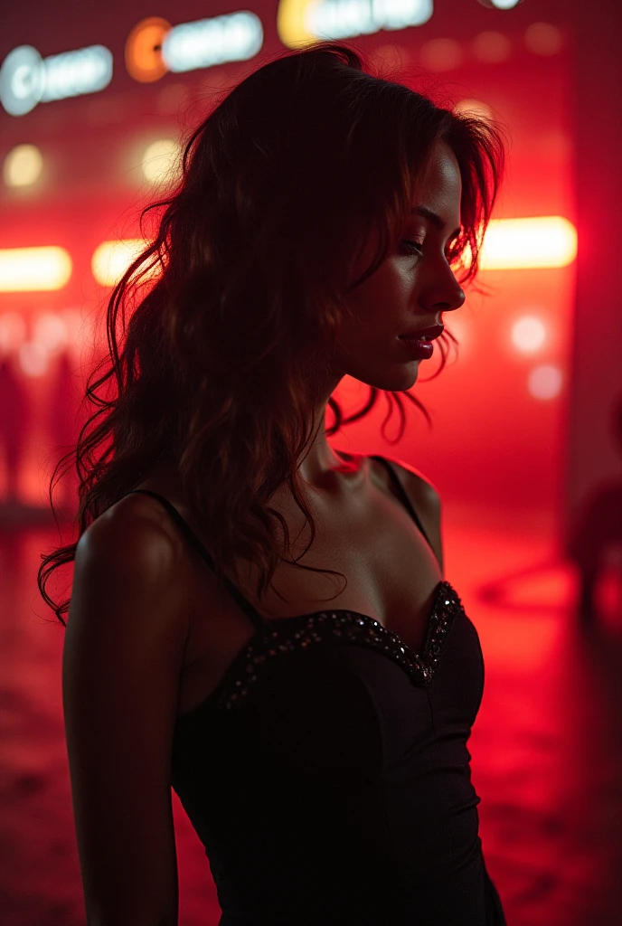 White file, posing seductively for the viewer, bare:1, Point de vue, Beautiful thick thighs,
red light district background, long hair to chest length, black, curly, 3/4 corps, Mini short chaud à col en V