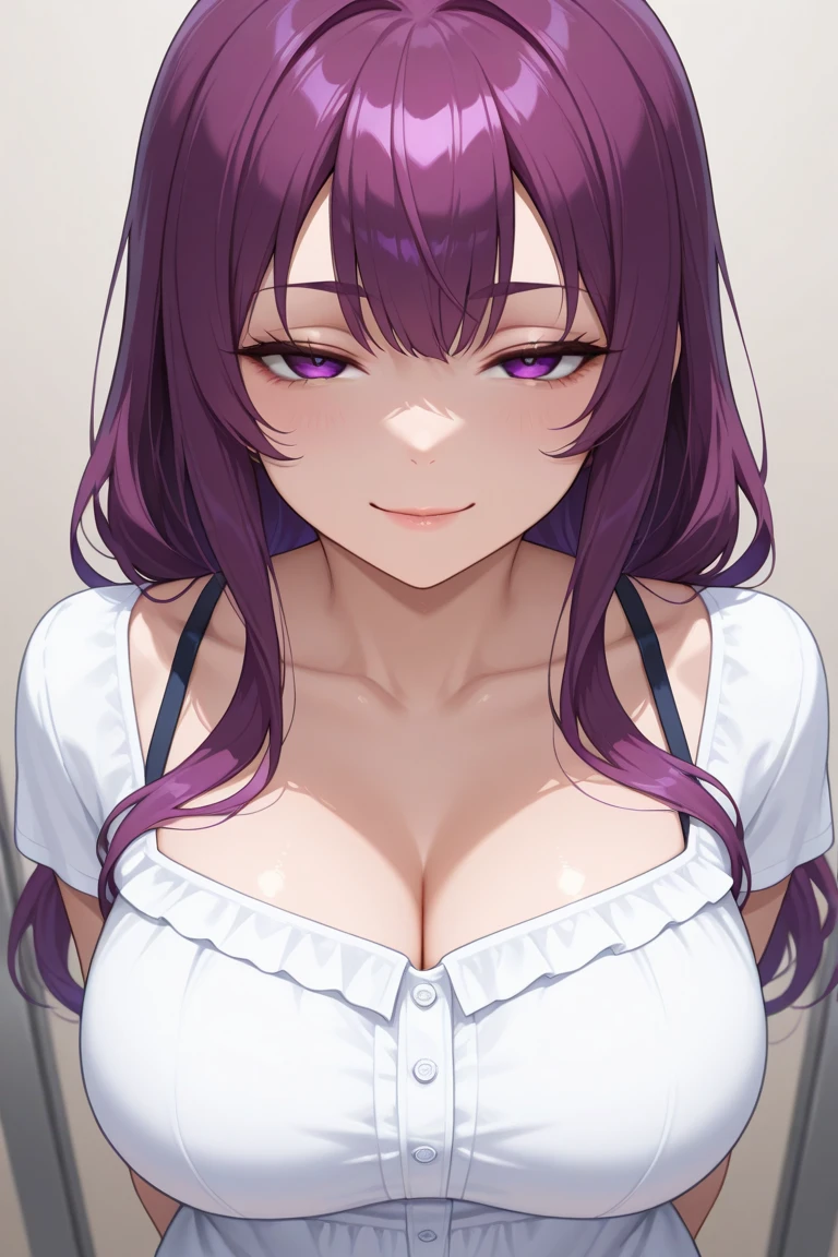 girl with purple hair and red eyes in a bra top, she has purple hair, 