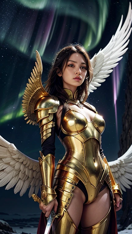 ultra high res, best quality, photo, 4k, (photorealistic:1.4), cinematic lighting, Archangel Gabriel, wings burning flames, Saint Seiya, wearing medieval gold armor, detailed feathers, starry sky background, the galaxy, portal of the future, volumetric light, HD, magic, holy, god light, backlighting, detailed face, contrapposto, smooth skin, full body