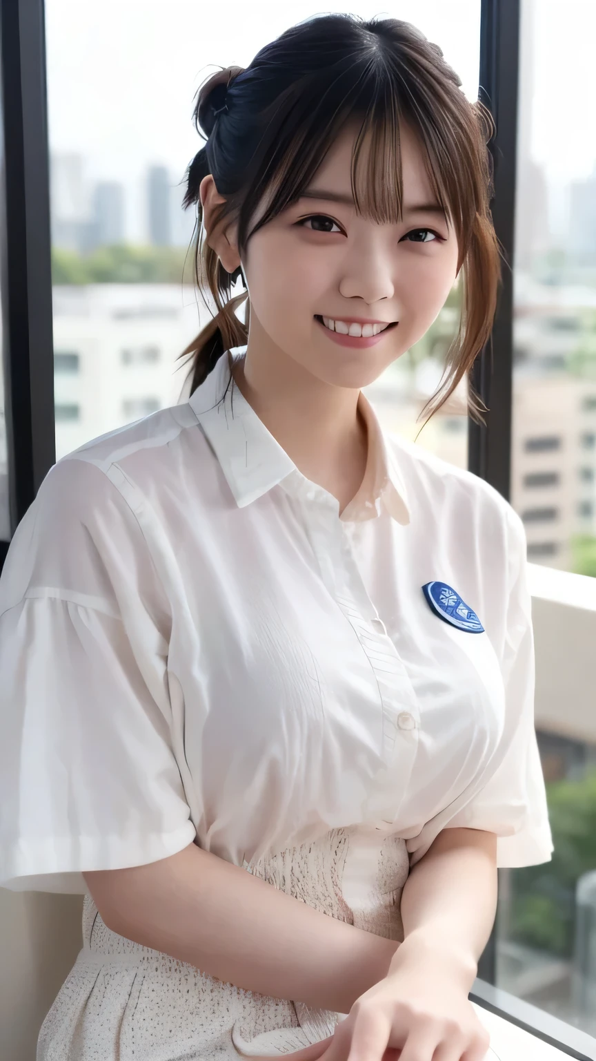 Shooting boyish short hair、hi-school girl、(((Summer school uniform,very very gigantic boobs:1.5、The shirt is big enough to tear、Tight collared shirt with visible body lines、)))、Side style、White shirt、Blue Stripe Tie、shortsleeves、Dark blue pleated skirt、Classroom、A smile、small head、bangss、chee、eye glasses、short wavy hair、small head、pale pink lip、Smiling smile、A sexy