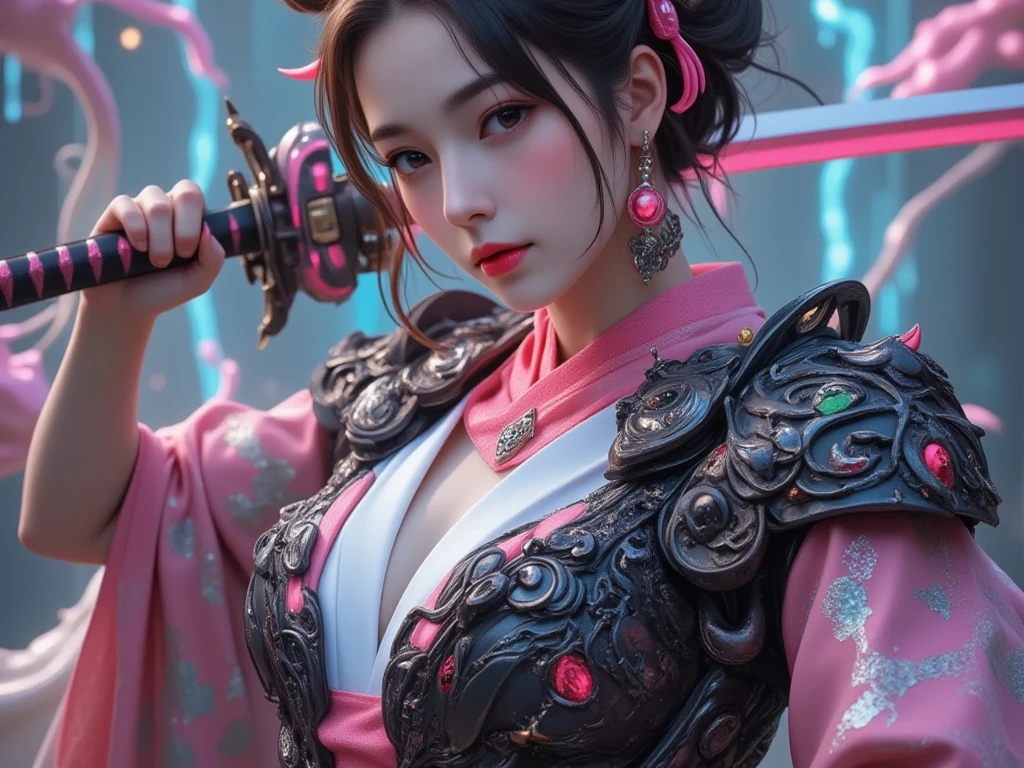 ((Female ninja))、(top-quality、8K、32K、​masterpiece、超A high resolution、nffsw:1.3)、(Japan idol:1.3)、1girl in、(Colossal tits:1.25)、(short-hair)、abdominals、the perfect body、((Takan Ninja)), Delicate facial features, Ultra-realistic, Hyper-realistic, 鎖骨、Shadow、octan render、(((Mystical expression))),((Wear a beautiful kimono with a high degree of exposure)),hyperdetailed face、Detailed lips、finely eye、二重まぶた、(魅惑的)、((agitation:1.5))、maikurobikini、((Navel))、Armpit、、Details of complex ornaments、Japan details、highly intricate detail、Realistic light、CGSoation Trends、((Female ninja)),Kunoichi Ninja、Throw shurikens、Japan holding a sword、Mystical expression、shrine background、Old Town of Japan、((heavy breasts)),(((Fierce battles with ninjas))),(((Toostock))),highcontrast、(((Full Body Angle))),Colorful kimono、
