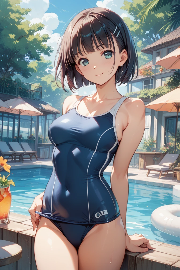 A woman in a bathing suit stands by the pool，wet swimsuit, swim wears,Pecho grande