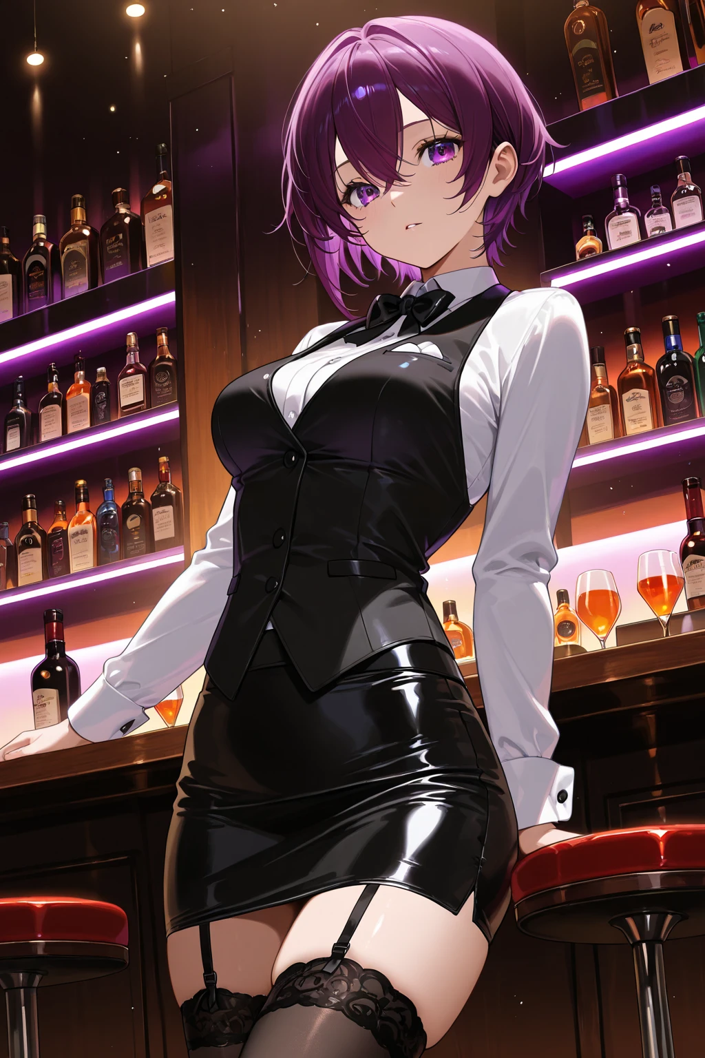Rio, Super Blackjack、red hair、short hair、((Bartender's clothes))、((pantyhose))、mini skirt、Photo from below、medium chest、Bedroom、Rio・デ・カーニバル、