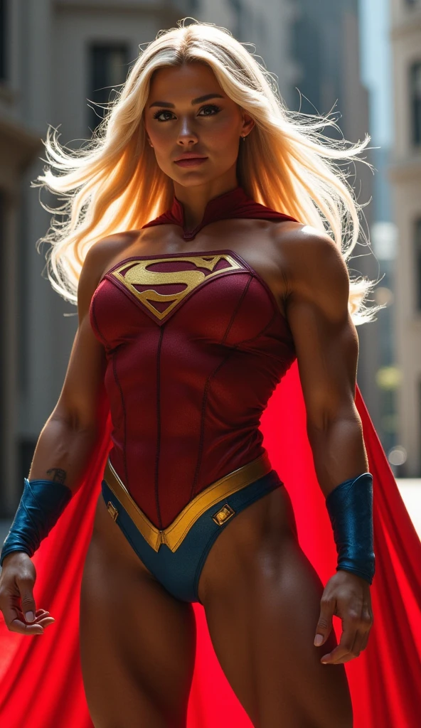 (Muscular:2), (thick thighs:1.9),
(blonde female, supergirl:1.2), (big smile:1.5), (blunt bangs:1.3), (ponytail:1.2),
earrings, lipstick, eyeshadow,
hard nipples,
(small cape:1.3), (skirt:1.5), (blue bodysuit:1.5),
(looking at viewer:1.5), (three quarter view), (upper body view:2),
(floating, in midair, sky and clouds background:1.4), rim lighting, two tone lighting, dim lighting, bokeh, detailed skin, detailed eyes