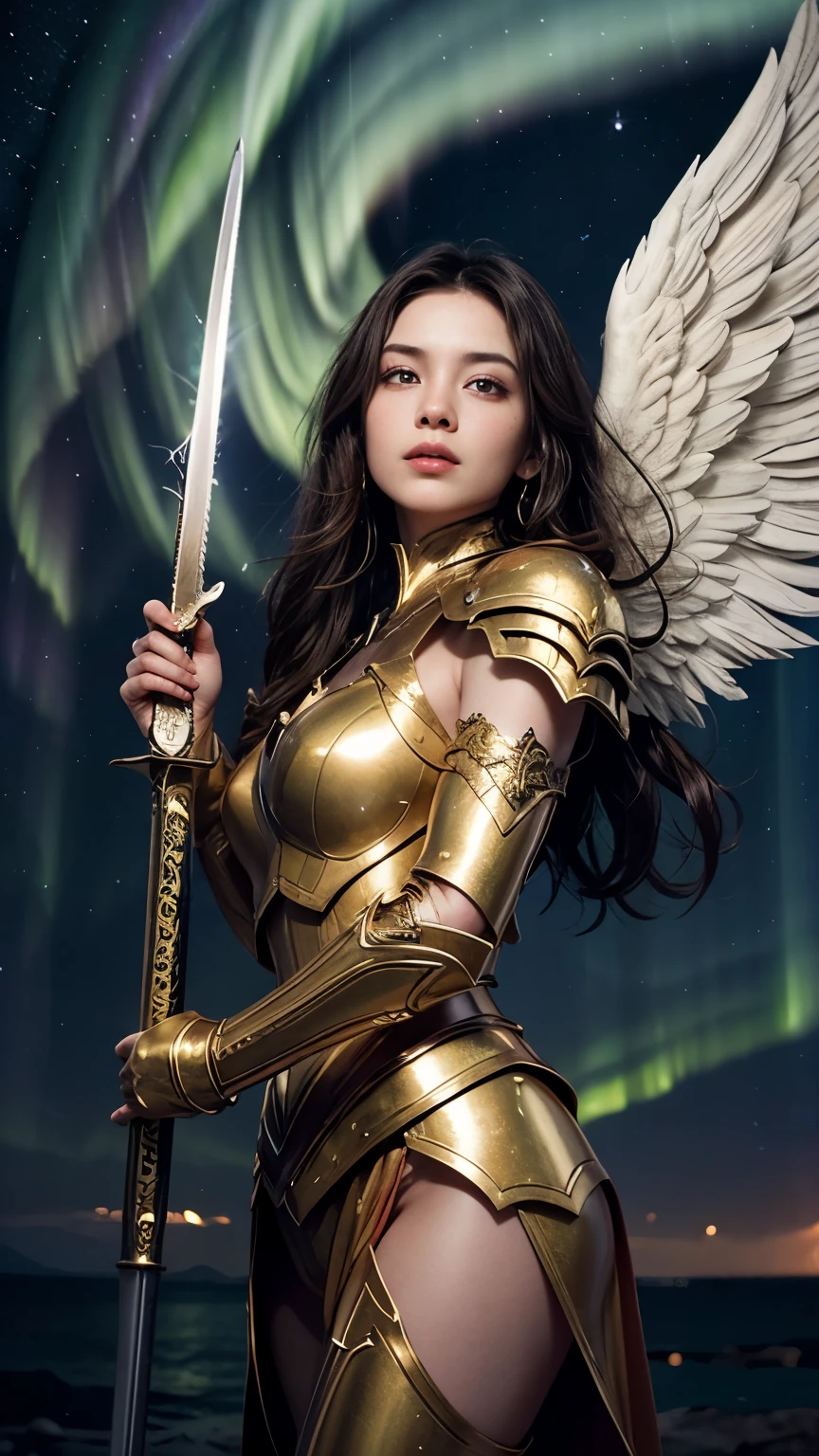 Ultra-high resolution,High-resolution details,A powerful angel in heavenly armor, Sword with shield, Wings, Be prepared for battle