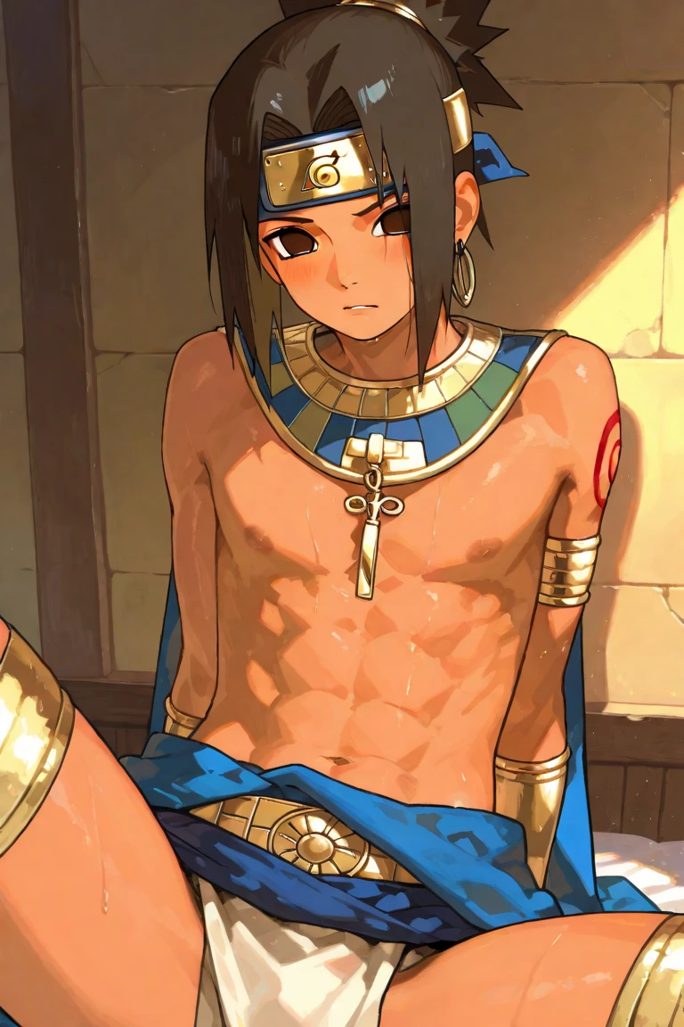 Highres, Masterpiece, Best quality at best,Best Quality,hight quality, hight detailed, Anime style, (s), (armpit), view from front, tribal chief, jungle, naked, black skin, , gold bracelet, gold necklace, crown of leaves, sitting on a wooden throne, (very young boy), (very small and short body)