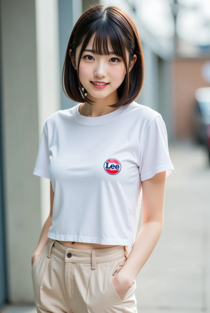 Top quality, 1 beautiful woman, super short Hair, , short sleeve, shy smile, at school