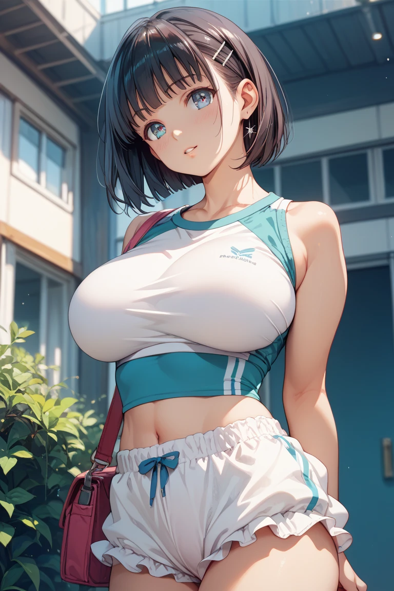 (Outdoor、Athletics場、truck)、(Racing wear、Big Breasts、Big Tits、Nipples)、独奏、Female college student、(Big Breasts、Big Tits、Nipples)、(Black Hair、Very Short Hair、Boyish cut)、nsfw、sitting、(Racing wear、Ah Racing Shorts)、Deep blue eyes and glowing skin、Oily skin、Sitting with legs wide open、Her legs are spread wide:1.5、Big Breastsを揺らして走っている、Arms folded behind back、Arms around your back、((Sweat:1.4、Lots of yellow pee))、(Big Breasts、Big Tits)、Girls' High School、Athletics、truck